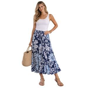 Rachel Zoe Boho Maxi Skirt Blue White Floral Paisley Tassel Waist M NWT